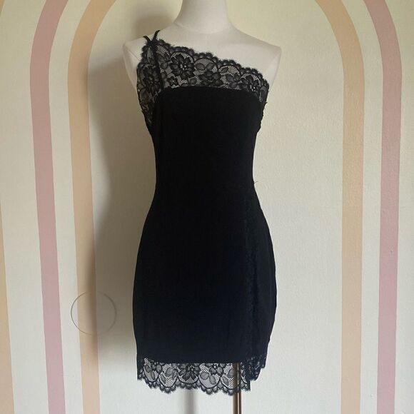 Free People Black Premonitions Lace Trim Bodycon One Shoulder Slip Dress Size M - Picture 5 of 16